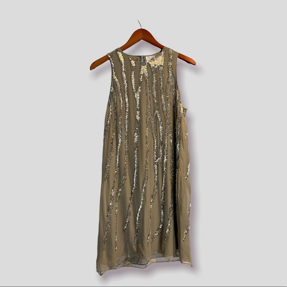 NWT PARKER Beaded Sequin Crew Neck Mini Shift Dress Tan Size M 100% Silk - Picture 9 of 13